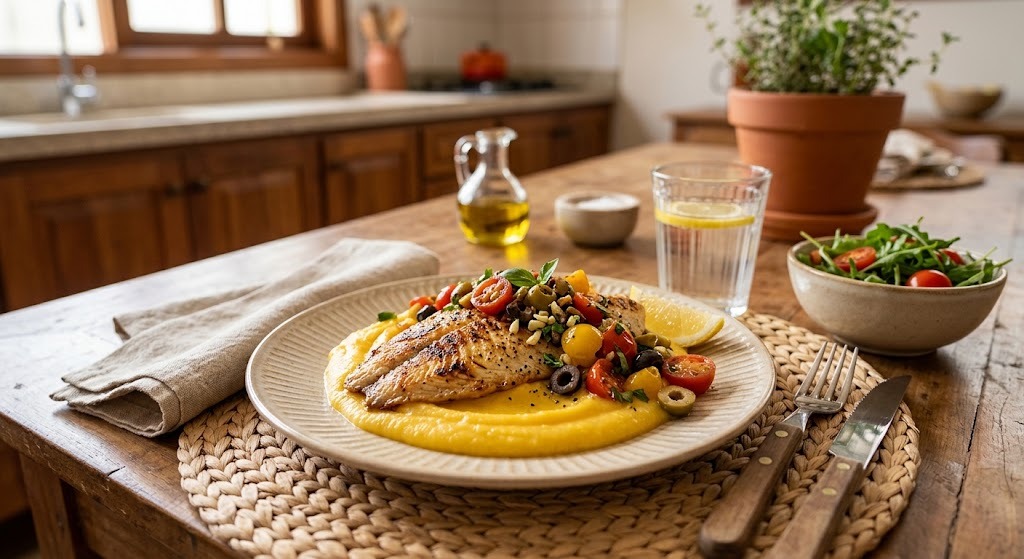 Filé de Tilápia Grelhado com Azeitonas e Tomate-Cereja