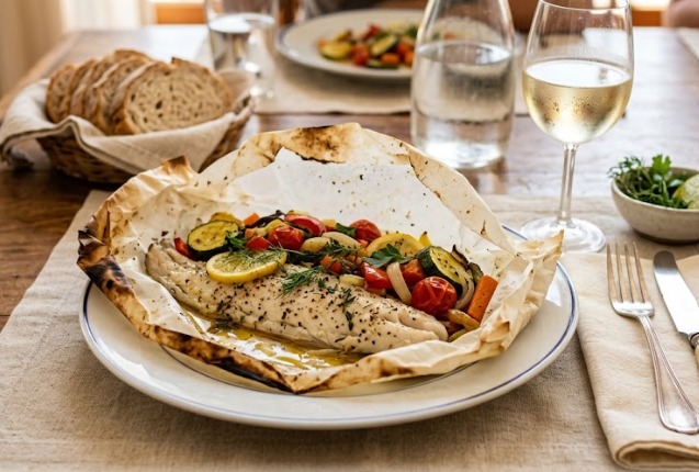 Filé de Merluza Assado no Papelote com Legumes